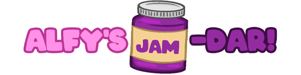 Decorative text with a jar of jam in the middle. The text reads "Alfy's Jam-Dar!"