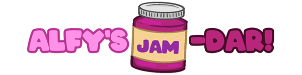 Decorative text with a jar of jam in the middle. The text reads "Alfy's Jam-Dar!"